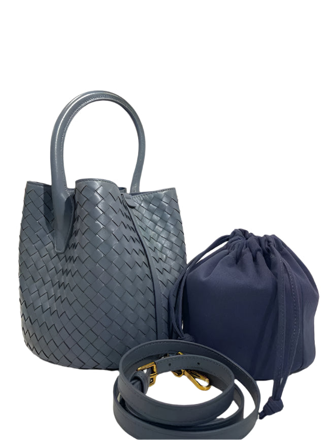 Blue woven handbag with matching drawstring bag and belt