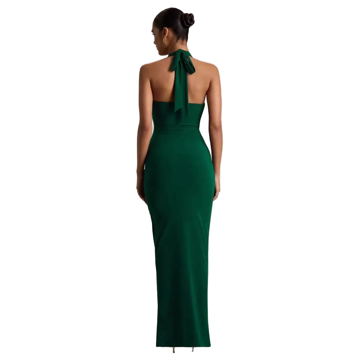 Deep V-neck ruched knot bodycon maxi dress in green – close-up of gathered knot waist and pleated fabric detail