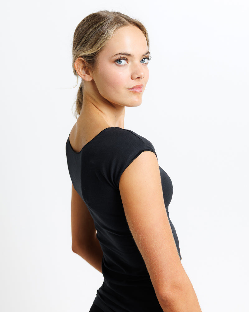 Fitted cotton spandex tee with cap sleeves and low back