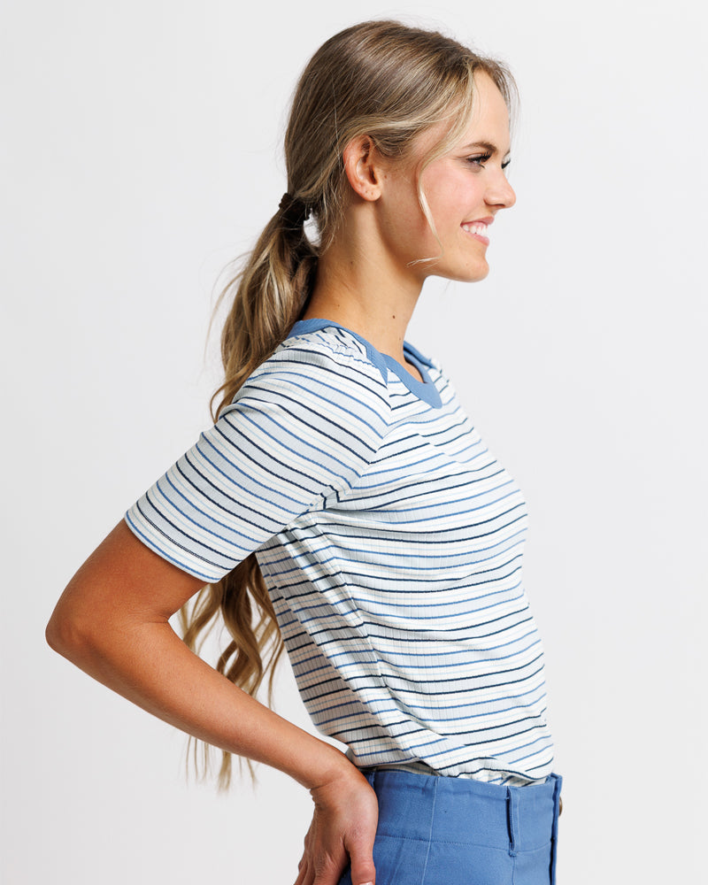 model wearing a cotton striped shirt and blue pants