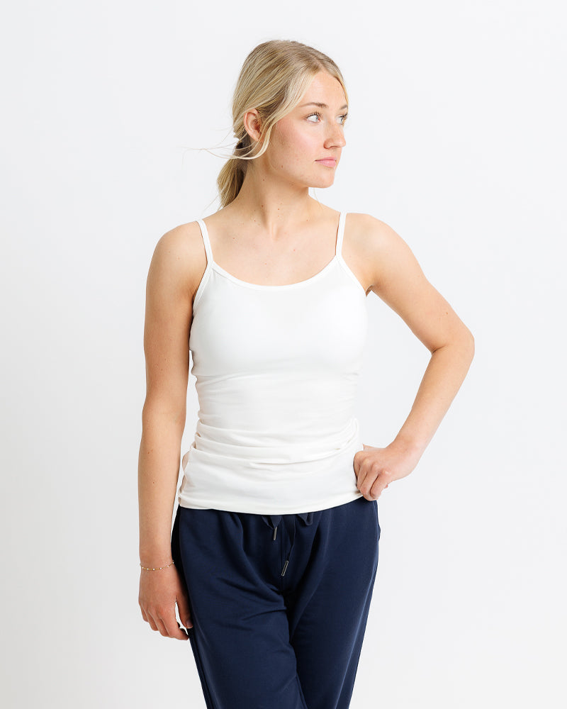 White fitted cotton spandex cami tank top with low back neckline