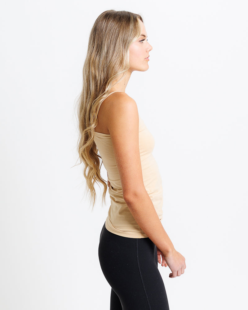 Soft latte fitted tank top in breathable cotton blend