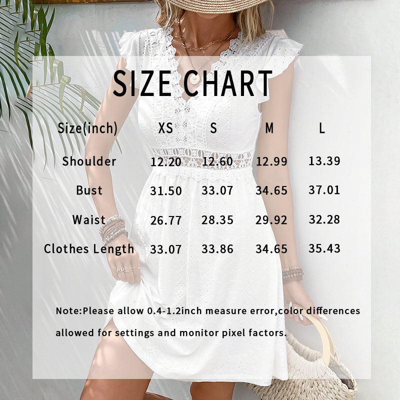 Woman wearing a white lace dress with a size chart overlay on a blurred background