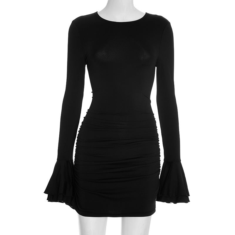 Black bodycon mini dress featuring long bell sleeves