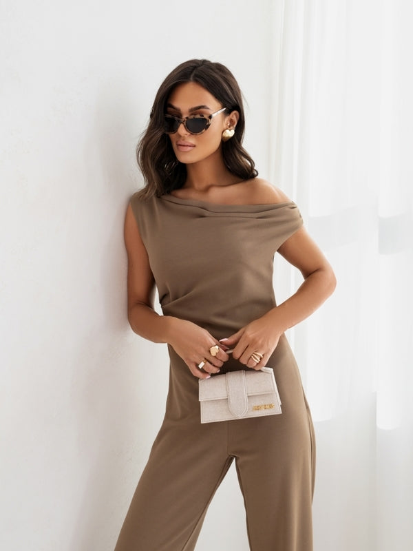 Full-length view of women's straight leg jumpsuit in khaki – luxury women's fashion