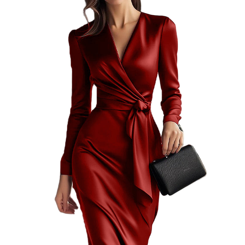Red satin dress with a black clutch