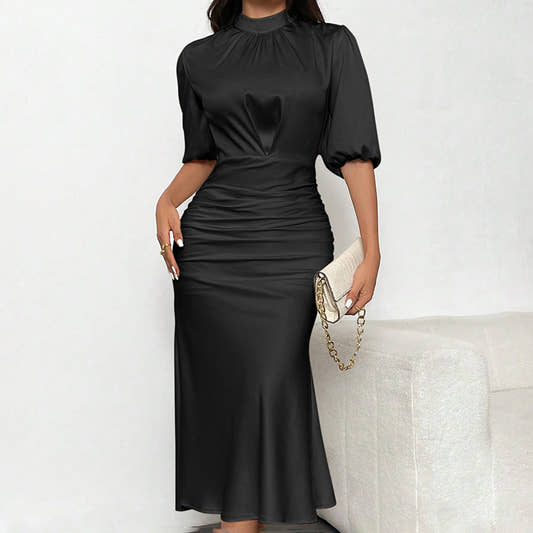Ruched Satin Mock Neck Midi Dress in Black Ruched Satin Mock Neck Midi Dress in Black