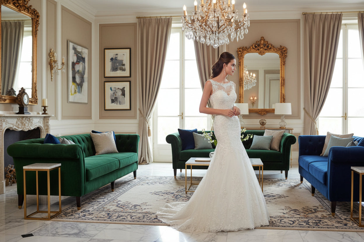 Woman in a white dress standing in an elegant living room with green and blue sofas.