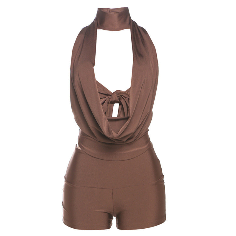 Brown bodycon romper with halter neck perfect for parties and beachwear