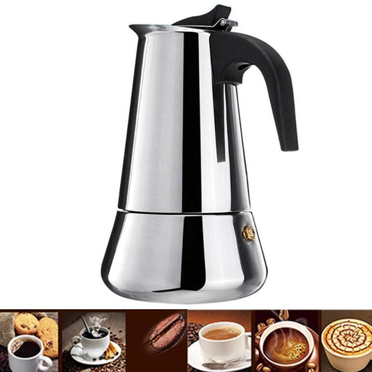 Stainless steel espresso coffee maker with black handle  Stainless steel espresso coffee maker with black handle