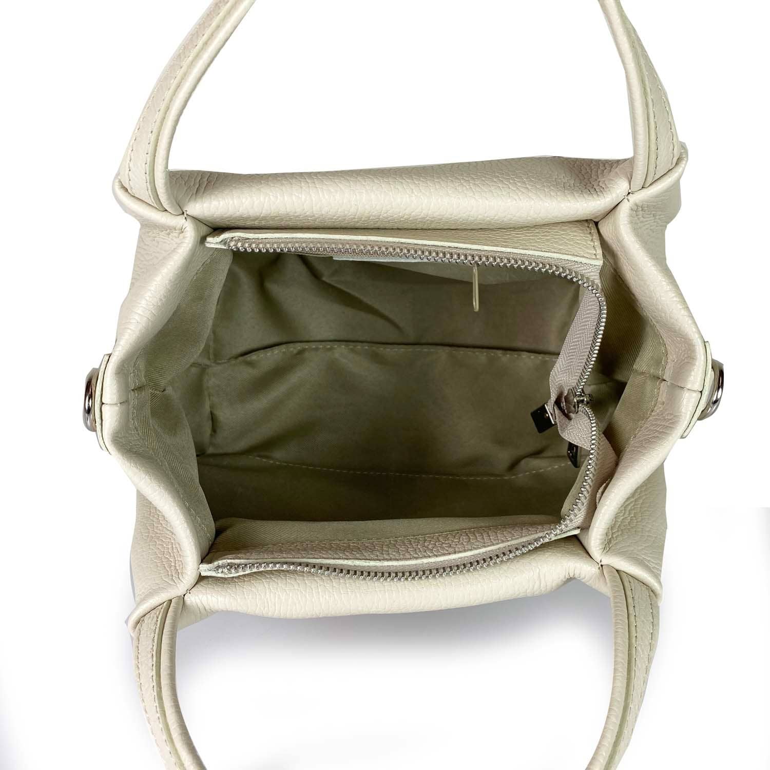 Beige handbag with open front compartment