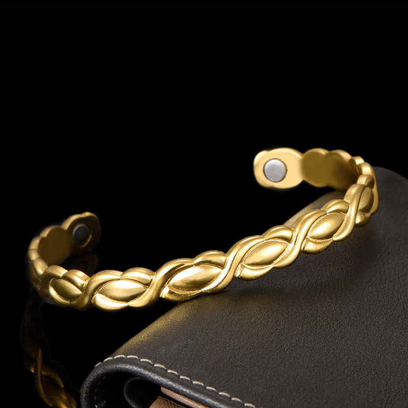 Gold magnetic bracelet wellness jewelry with geometric pattern and copper material