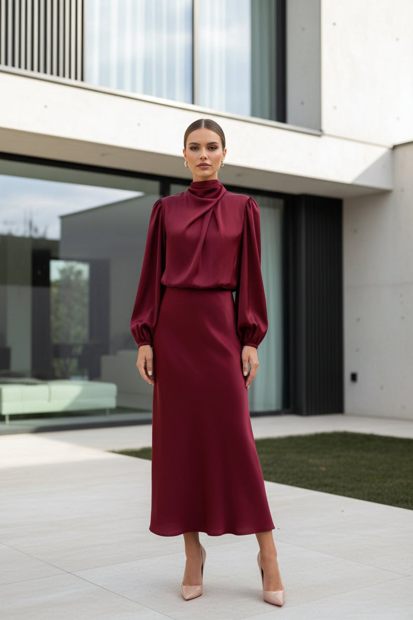 Satin patchwork midi evening dress – front view showing collage stitching detail on skirt construction