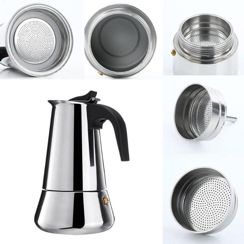 Stainless steel coffee maker with various parts