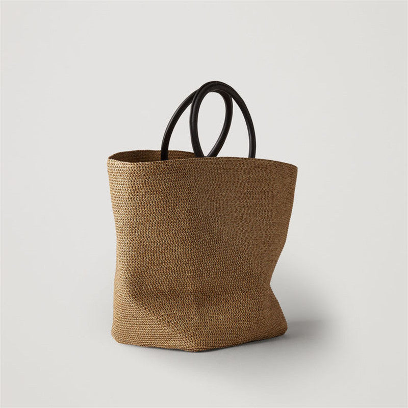 Brown woven tote bag with black handles large capacity handbag