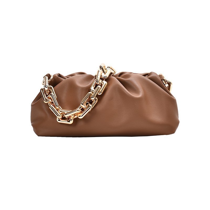 Brown leather handbag with gold chain