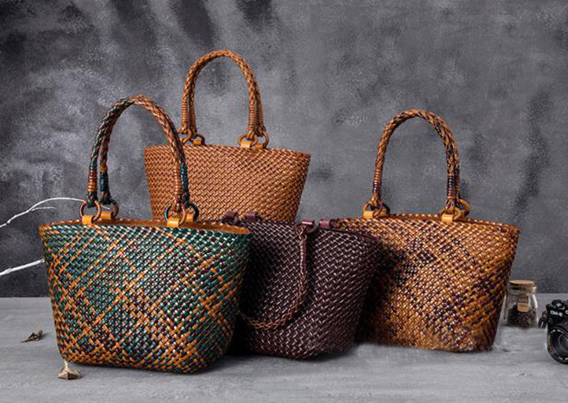 Set of woven handbags in various colors