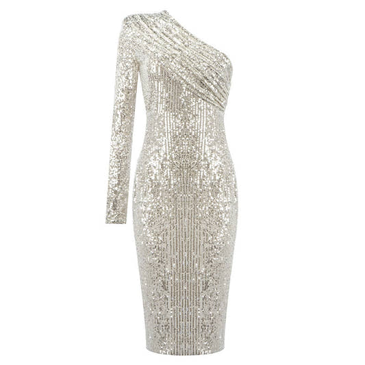 Silver one shoulder sequin dress elastic waist women evening wear
Silver one shoulder sequin dress elastic waist women evening wear