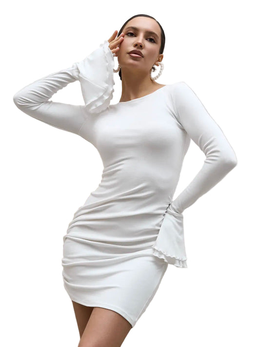 White mini dress showing fitted silhouette and voluminous sleeves
 White mini dress showing fitted silhouette and voluminous sleeves
