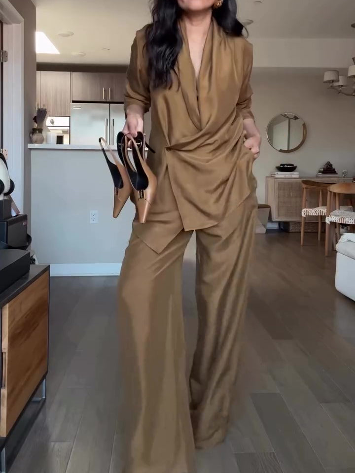 Satin Wrap Blouse & Wide-Leg Pants Set – view 5