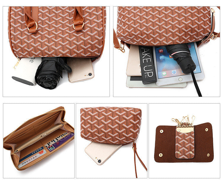 brown geometric-patterned handbag set