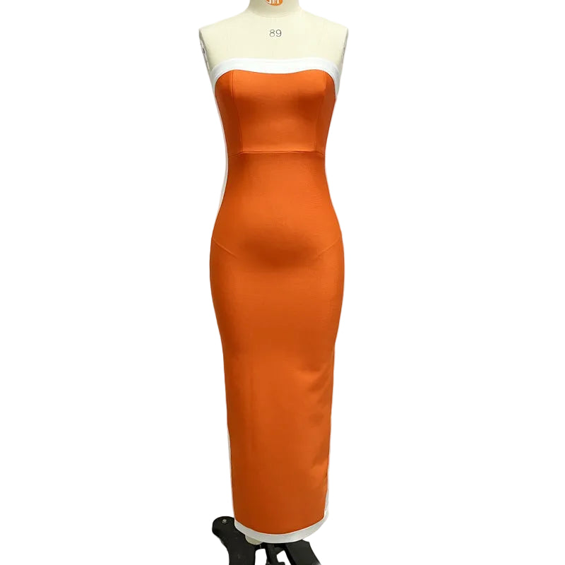 Orange strapless bandage maxi dress – close-up of white contrast side panel and colour-block graphic detail