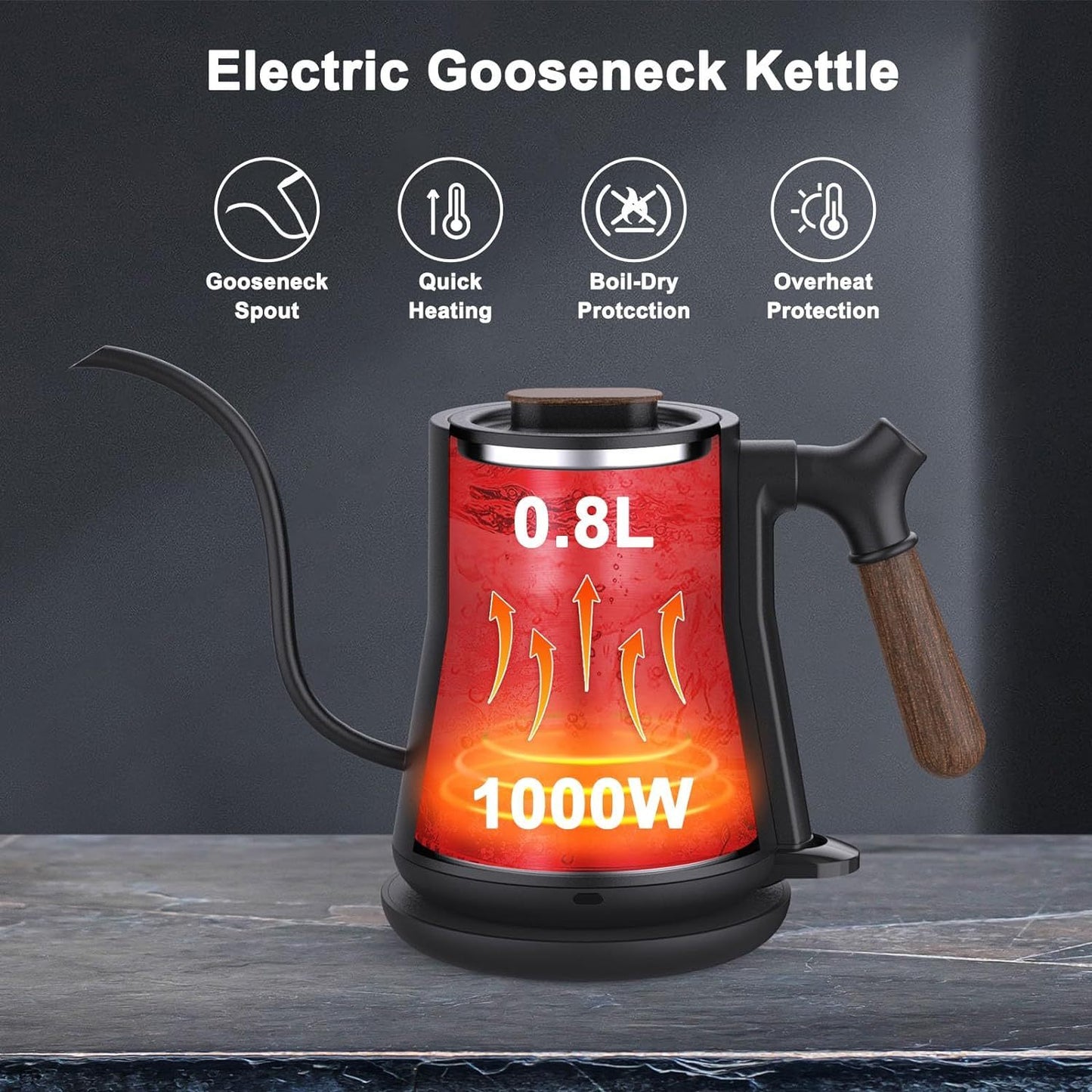 Electric gooseneck kettle stainless steel spout for precise pouring