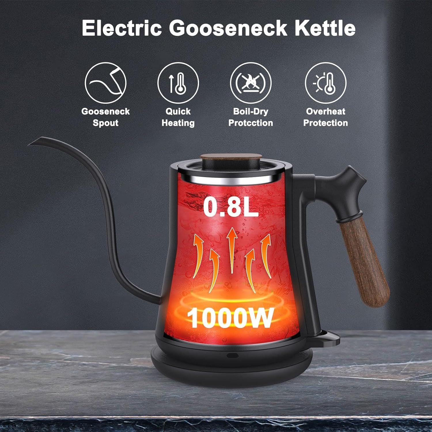 Electric gooseneck kettle stainless steel spout for precise pouring
