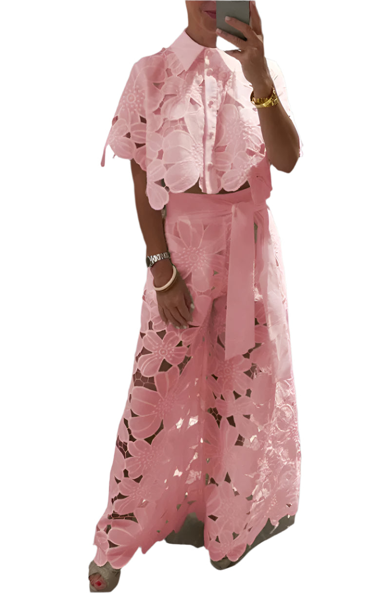 lady wearing a pink lace outfit pant set
