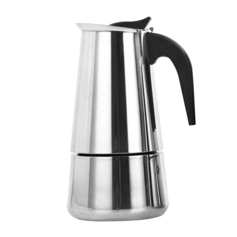 Stainless steel espresso maker with a black handle