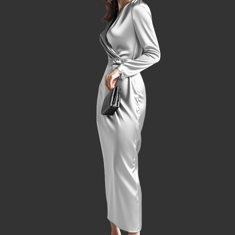 Half knee Best Silver satin dress with long sleeves for the new year