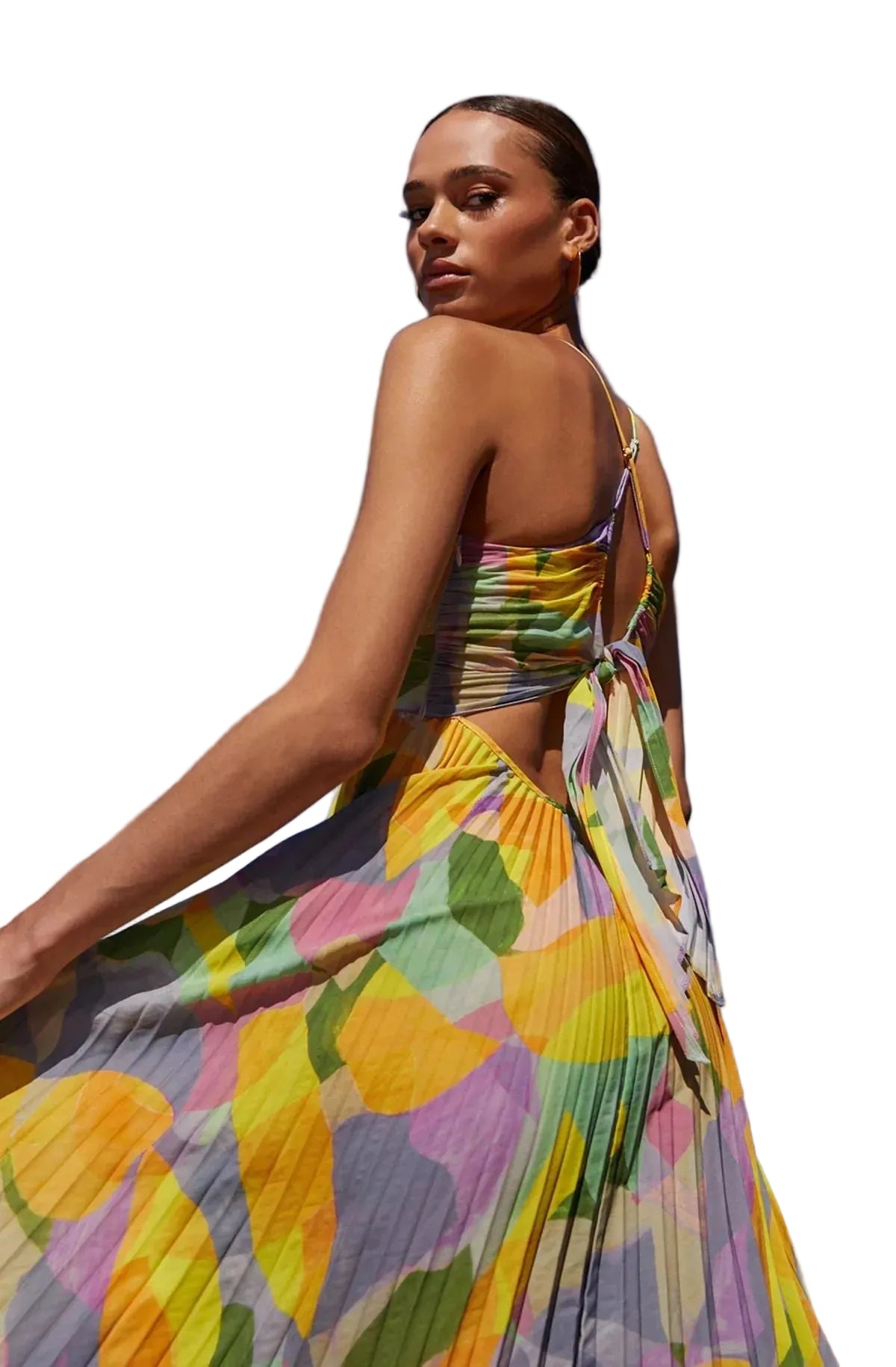 Women's floral pleated maxi dress – full length front view, relaxed fit casual long dress