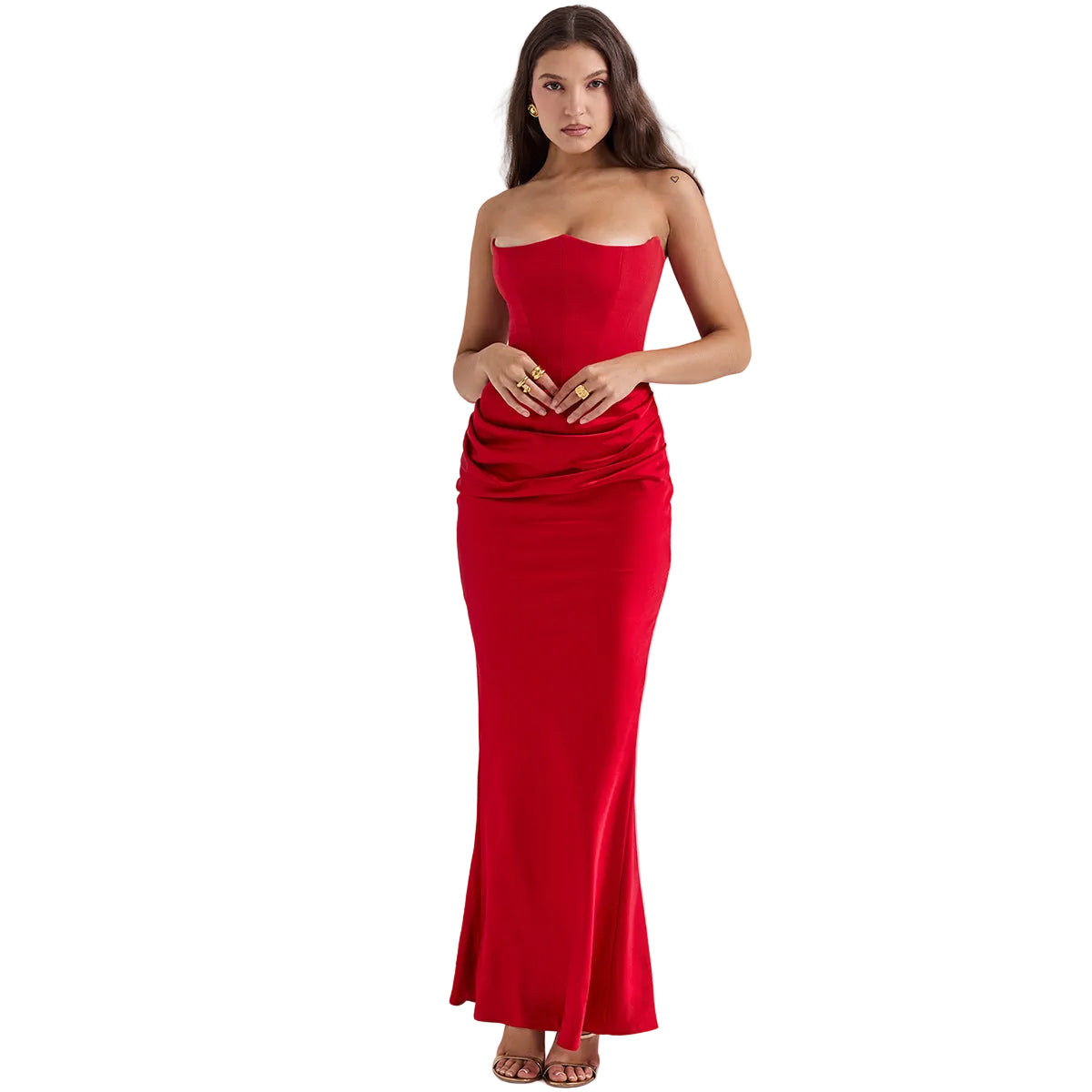 Elegant satin strapless red long dress