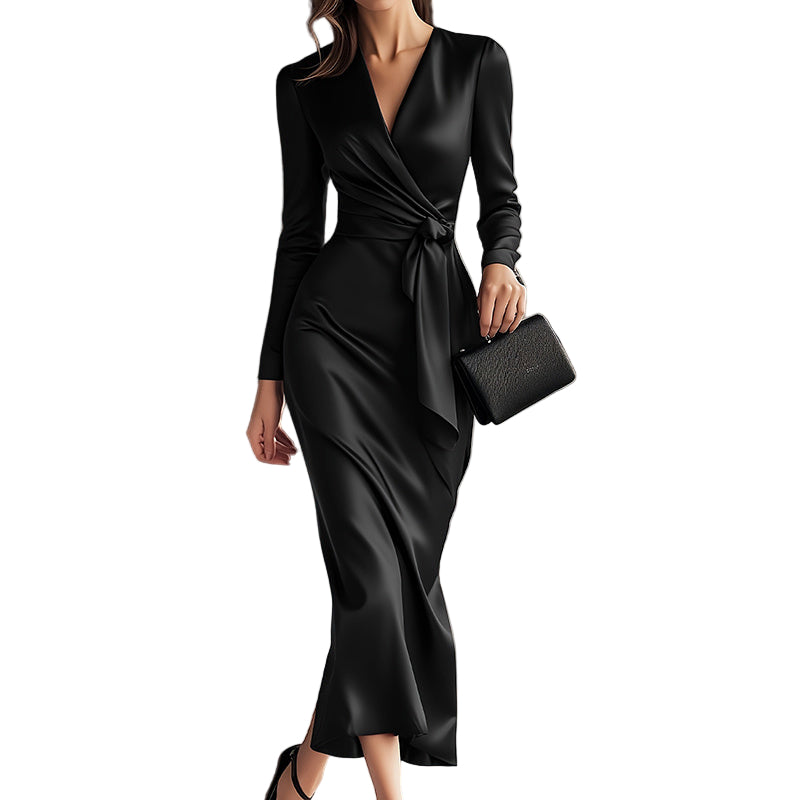 Black satin wrap dress worn by a model perfect for the holiday season
