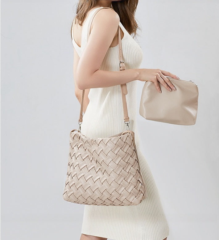 beige woven handbag and clutch