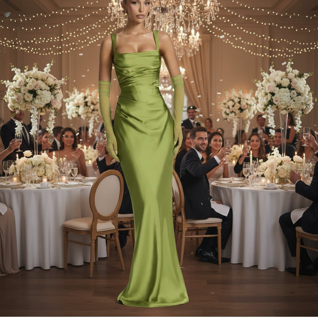 Woman wearing a green evening gown with matching gloves , best wedding guest dress