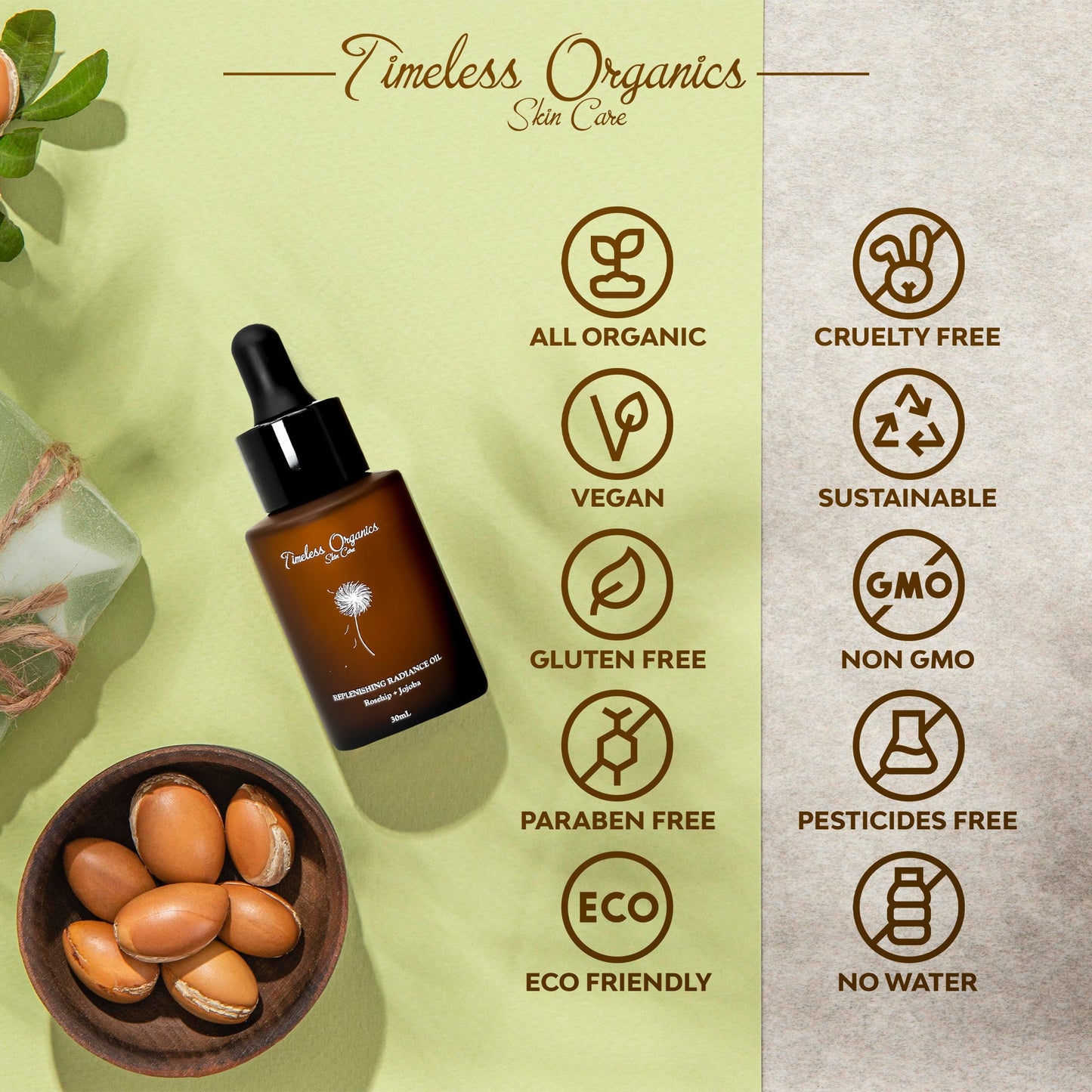 Timeless Organics vegan skincare product with certification icons paraben free