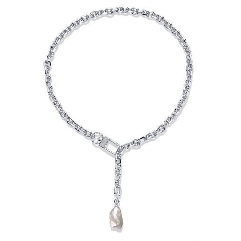 Long minimalist silver necklace with pearl pendant