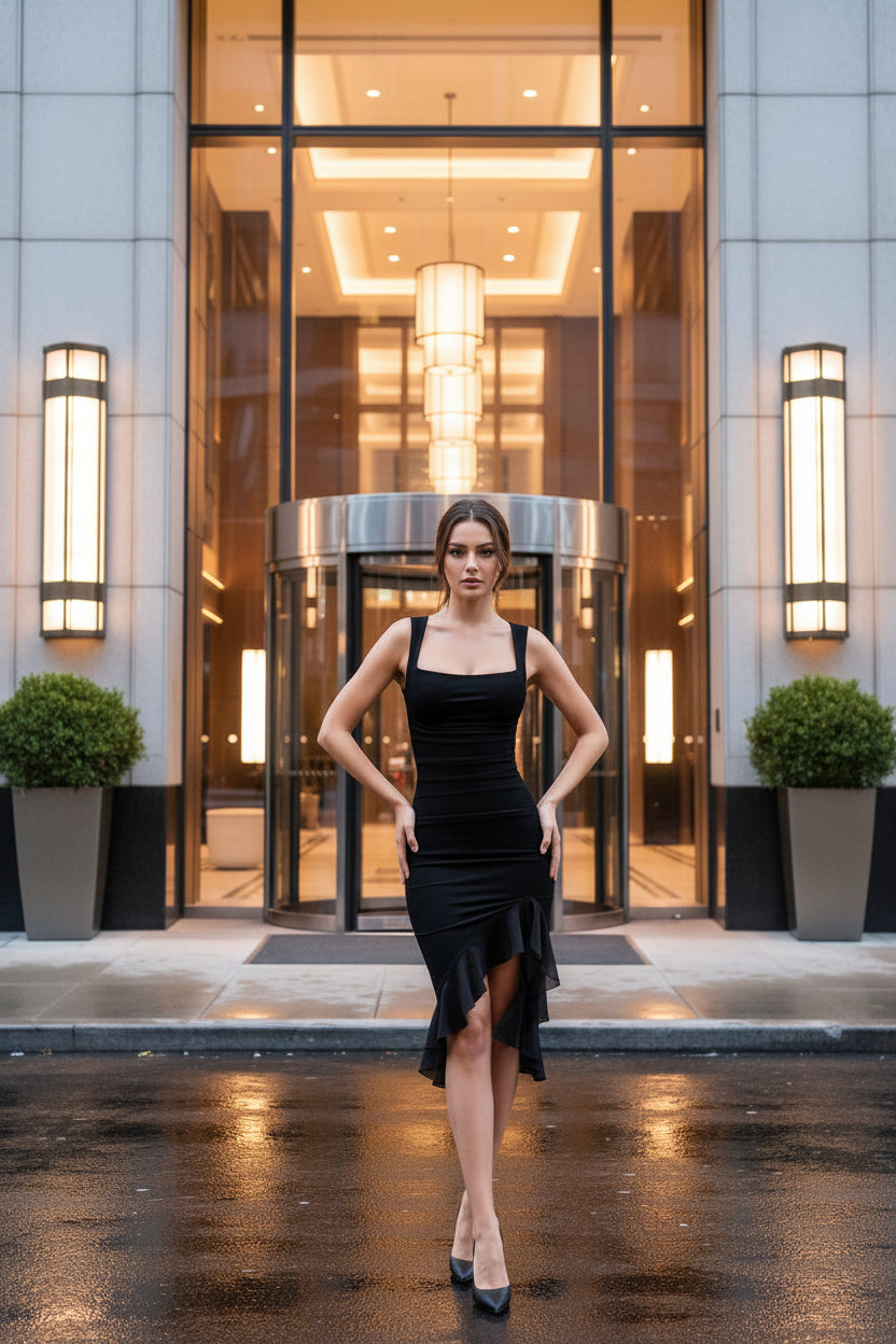 Woman in a sleeveless black dress standing in front of a modern building entrance.