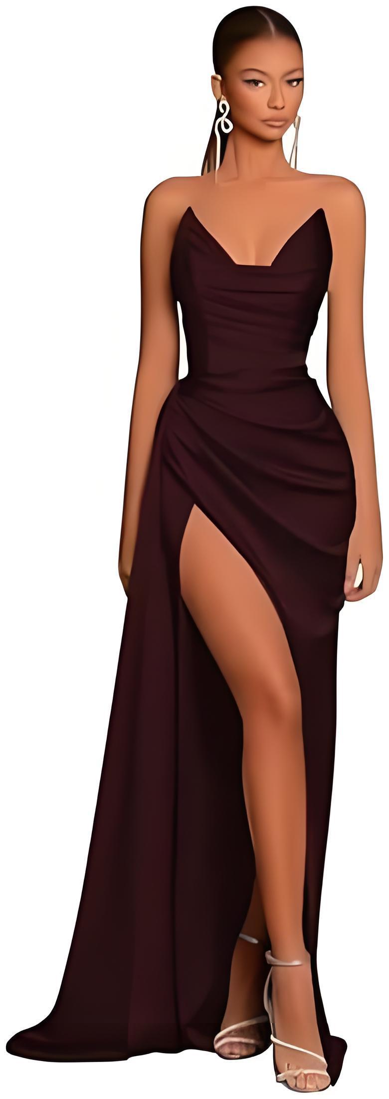 Woman wearing a strapless burgundy evening gown with a high slit