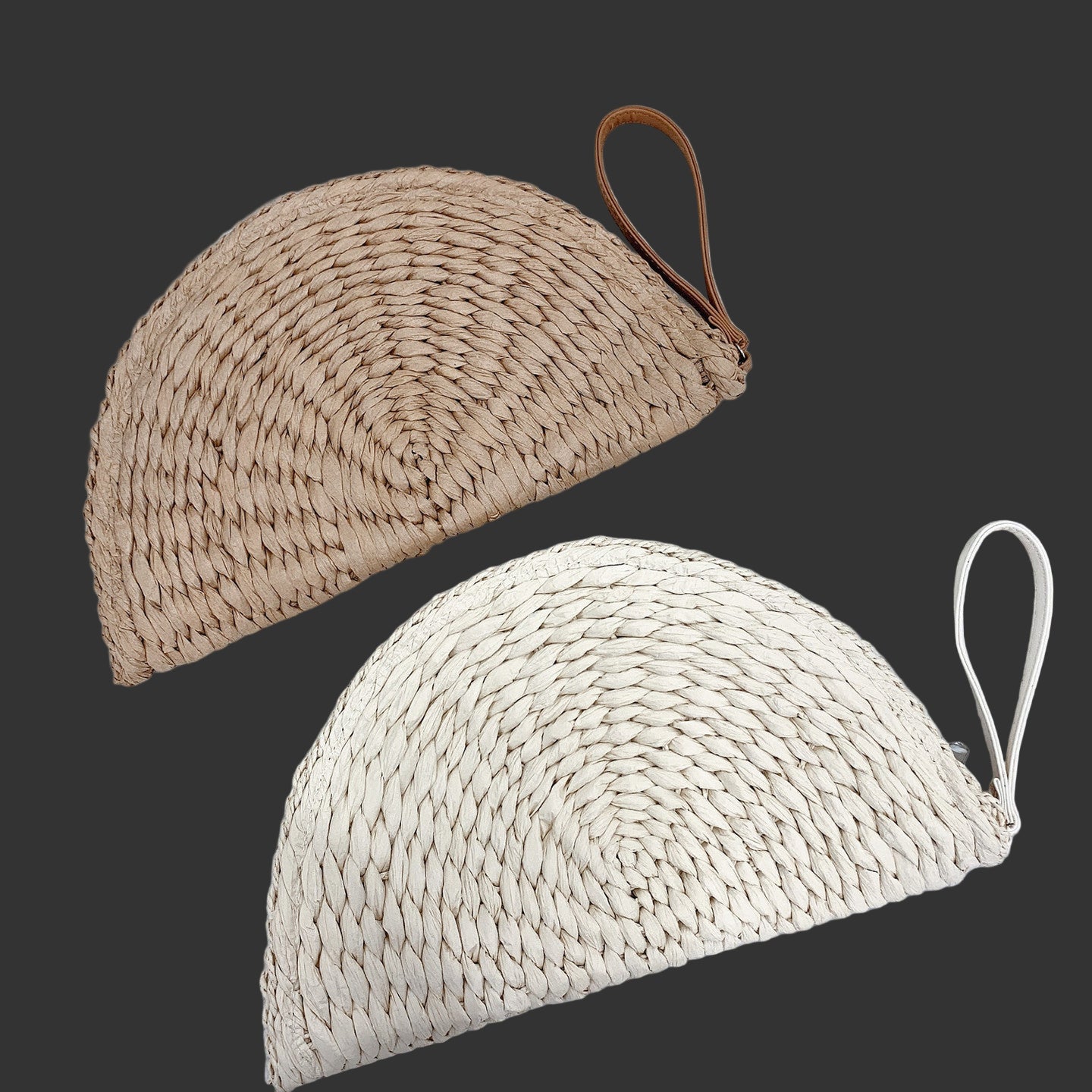Stylish beige Half Moon Raffia Clutch with a top handle, perfect for carrying essentials like phone and wallet.
