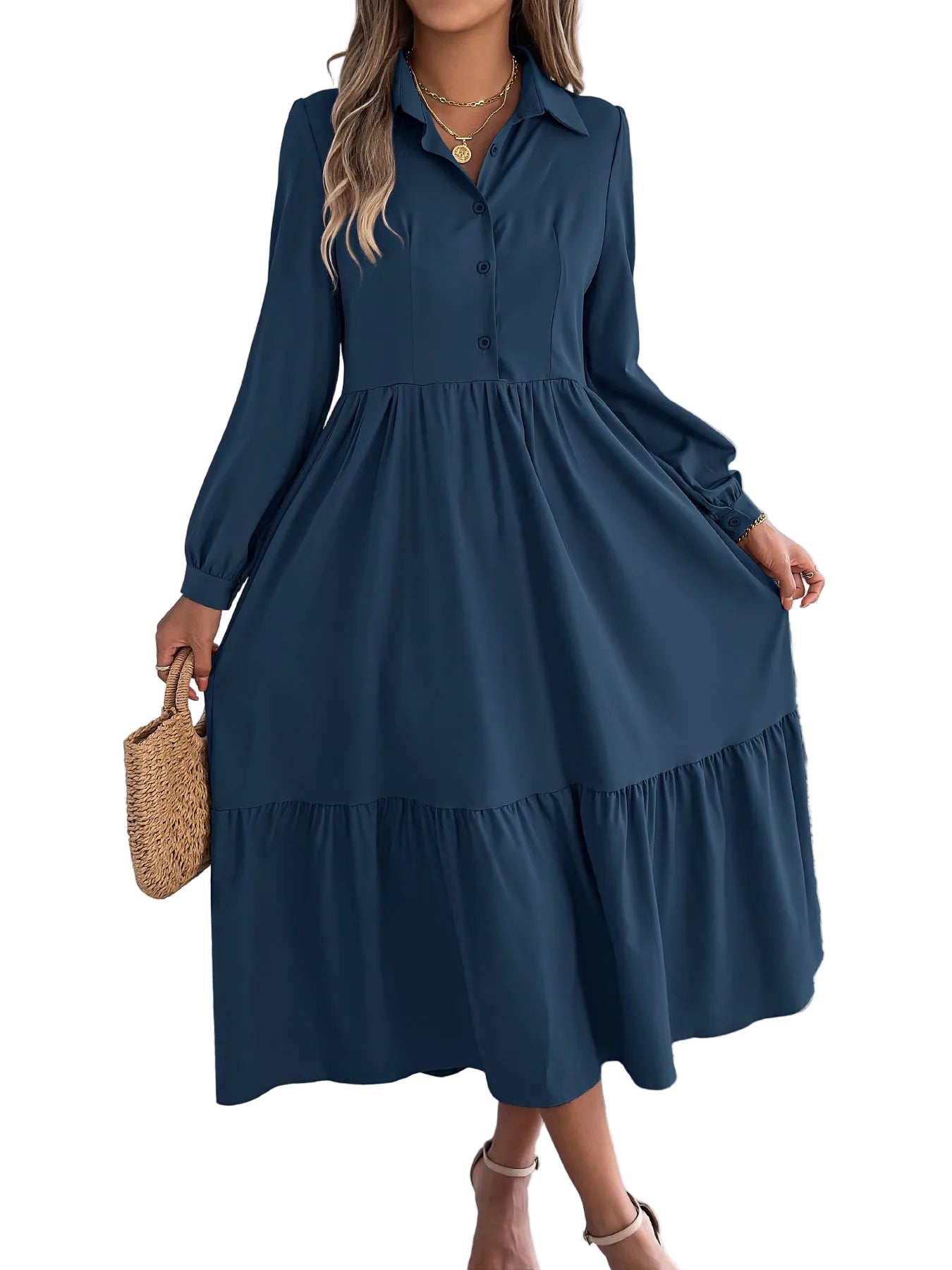 Lapel shirt maxi dress in l blue – styled vacation look showing ruffled hem and relaxed fit