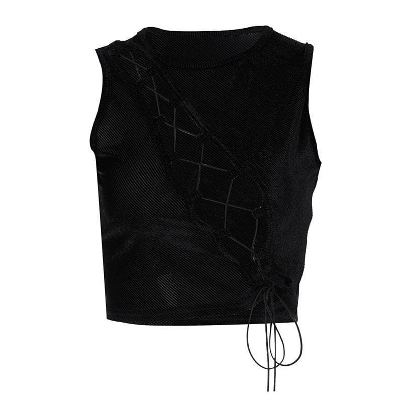 Black sleeveless top with geometric design