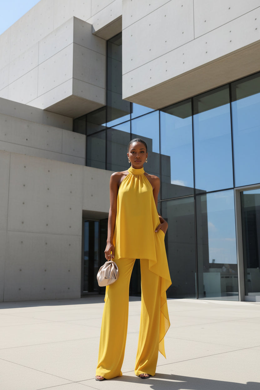Women's co-ord set with backless top and straight-leg pants in yellow