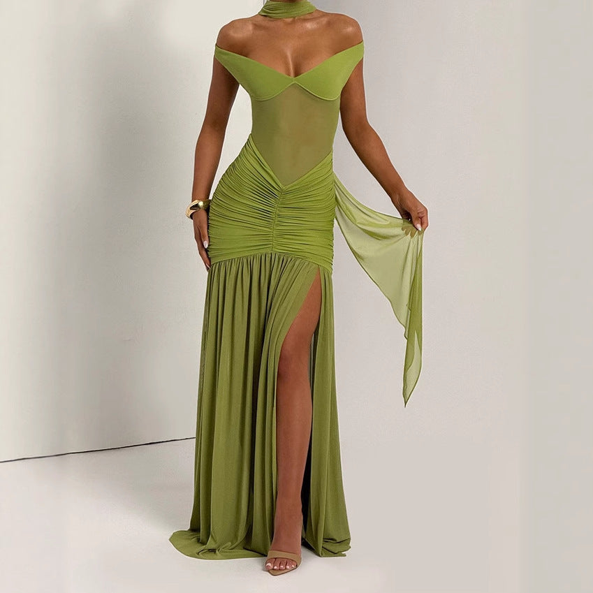 Off-Shoulder Mesh Gown - Ruched High Slit