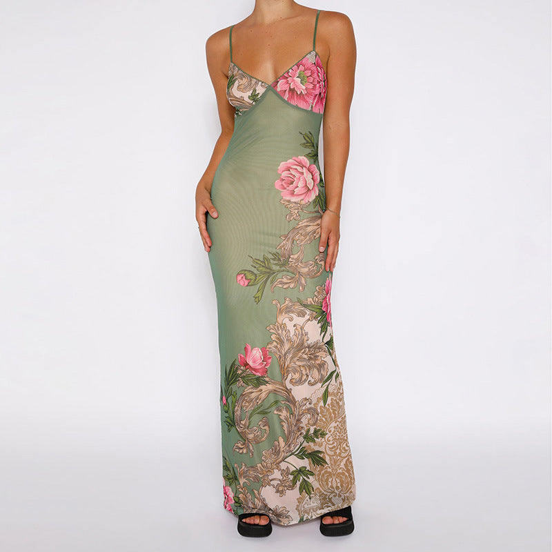 Sage green peony floral slim fit maxi dress – close-up of large-scale pink rose and botanical print on green fabric