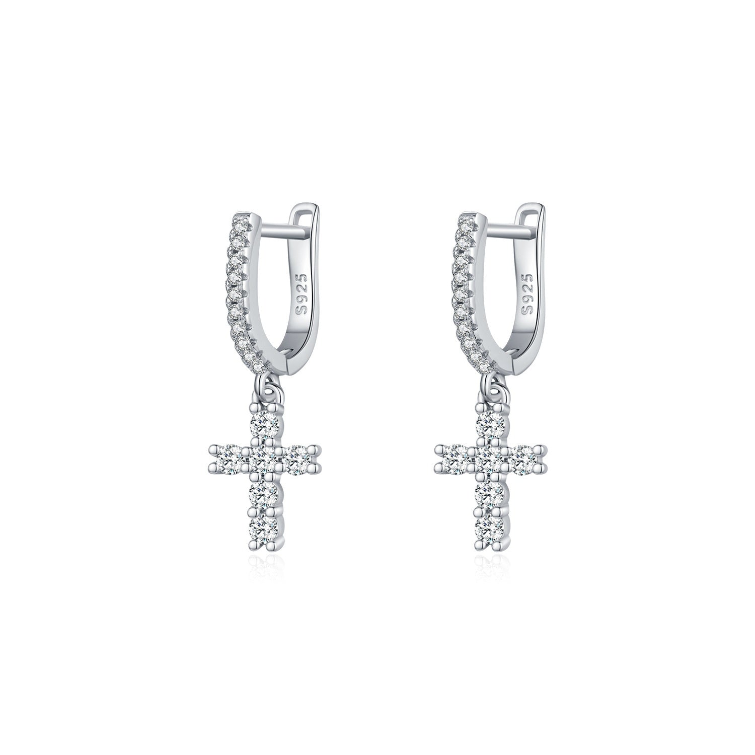 Close-up of moissanite cross earrings in silver