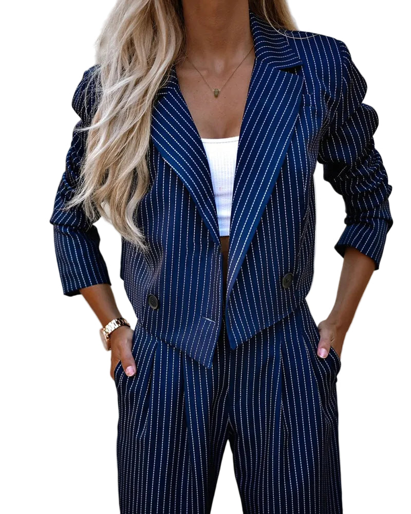 Dark navy pinstripe two-piece suit women – front view showing wide-leg straight cut trouser and cropped blazer