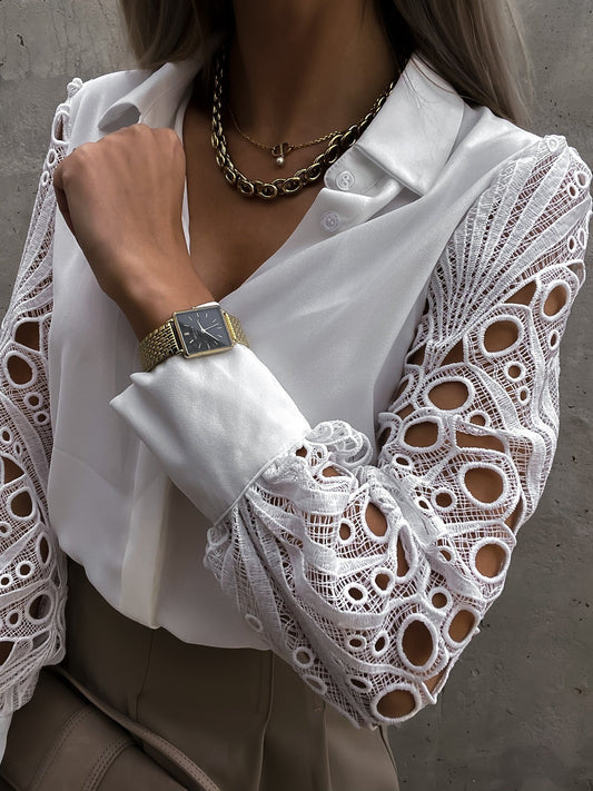 White lace sleeve button-up blouse with intricate eyelet detailing
 White lace sleeve button-up blouse with intricate eyelet detailing