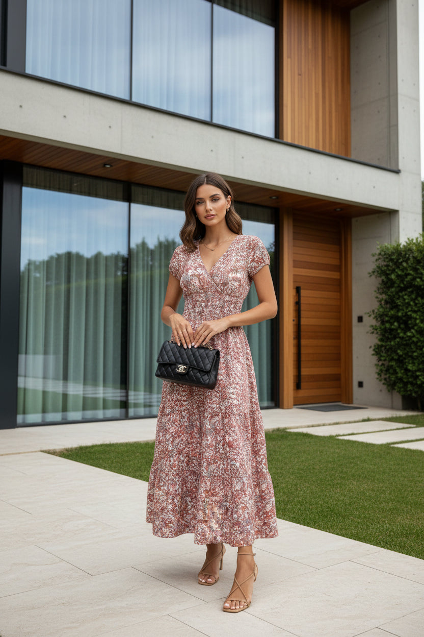 women's floral print chiffon midi dress – elastic waist short sleeve dress